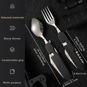 Stainless Steel 6-in-1 Multi-Tool Cutlery Set, Folding Pocket Knife with Fork, Spoon, Can Opener, Corkscrew, and Bottle Opener, Versatile Outdoor Surv (Color: Black)